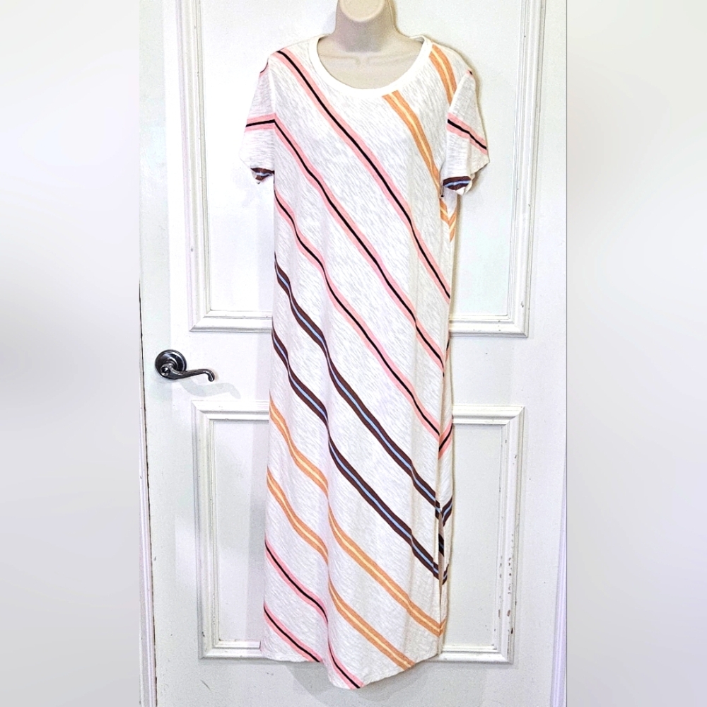 Lou & Grey White Multi-Color Striped T-Shirt/Cover-Up Dress,Medium - Picture 12 of 16